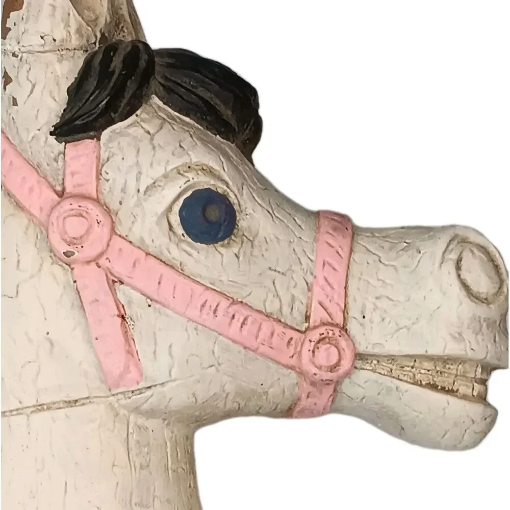 Vintage Yorkraft Carousel Horse Carved Wall Plaque White Pink Blue Black Mane